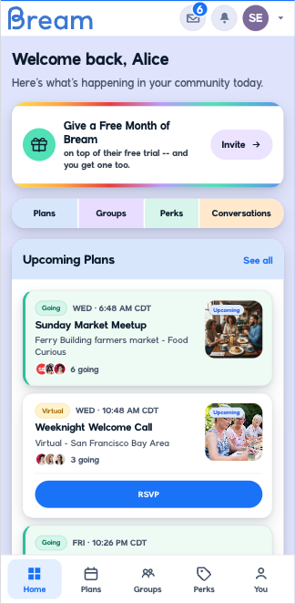 Bream dashboard after redesign — referral invite, upcoming plans, and event tags