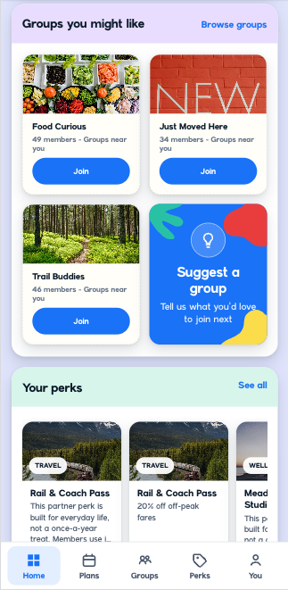 Bream dashboard showing group discovery, tagged perks, and member benefits
