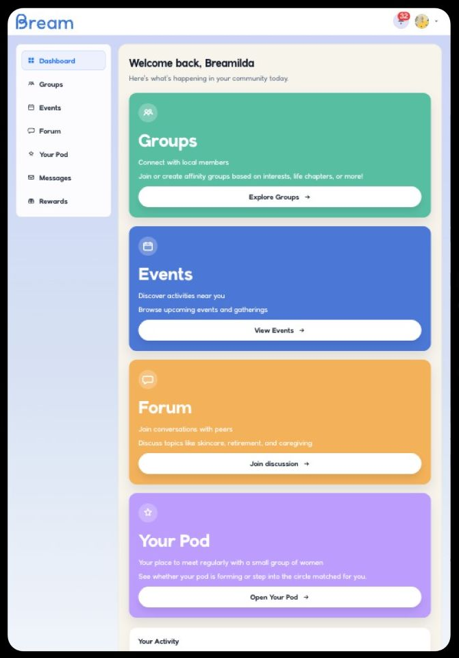 Bream member dashboard before redesign — sidebar navigation with feature cards