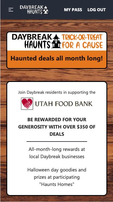 Daybreak Haunts donation landing page with Utah Food Bank integration