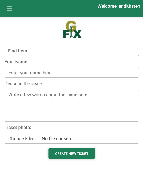 gFix create ticket form for reporting equipment issues